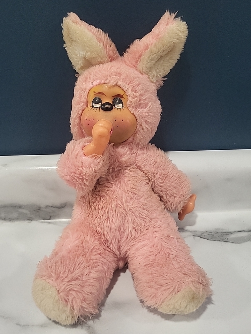 Vintage 1980 Monchichi Easter Pets Pink Bunny Thumbsucker Baby Plush Rubber Face